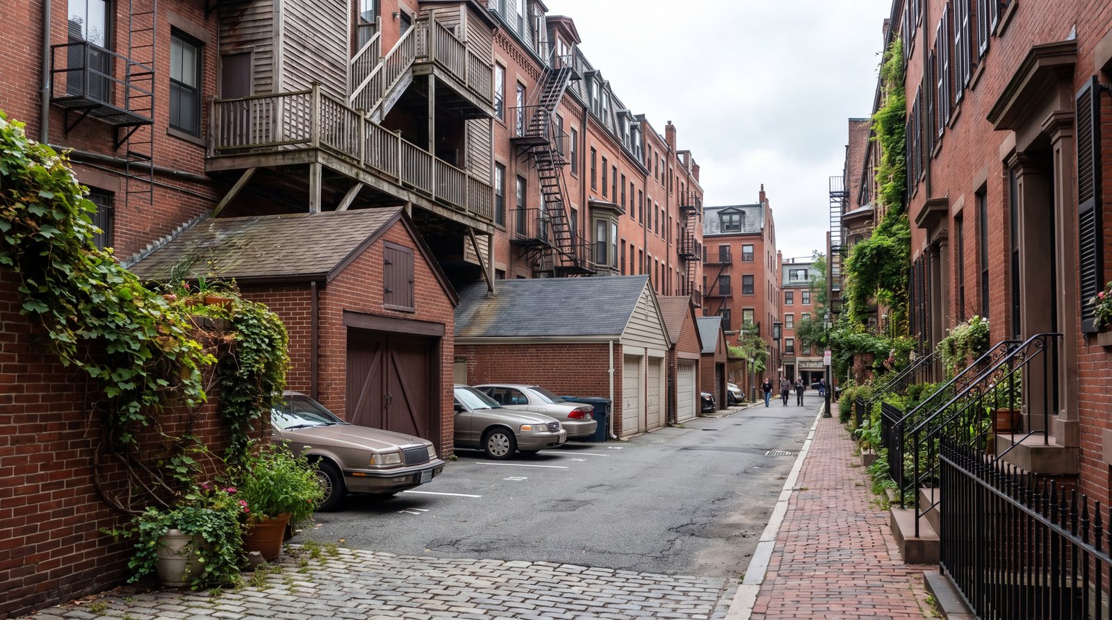 A Back Bay rear alley with garages and parking