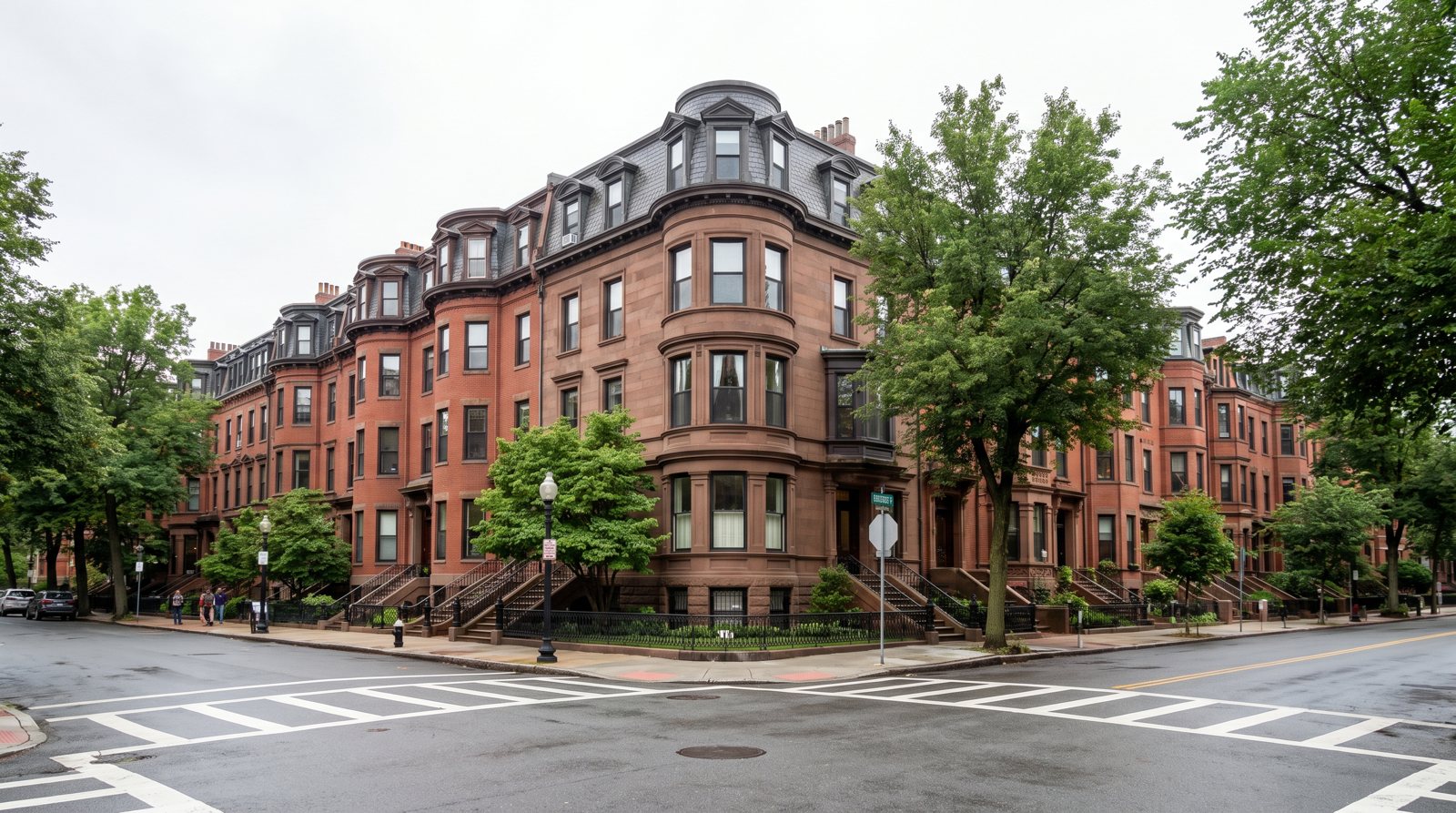 A Back Bay street corner with rowhouses