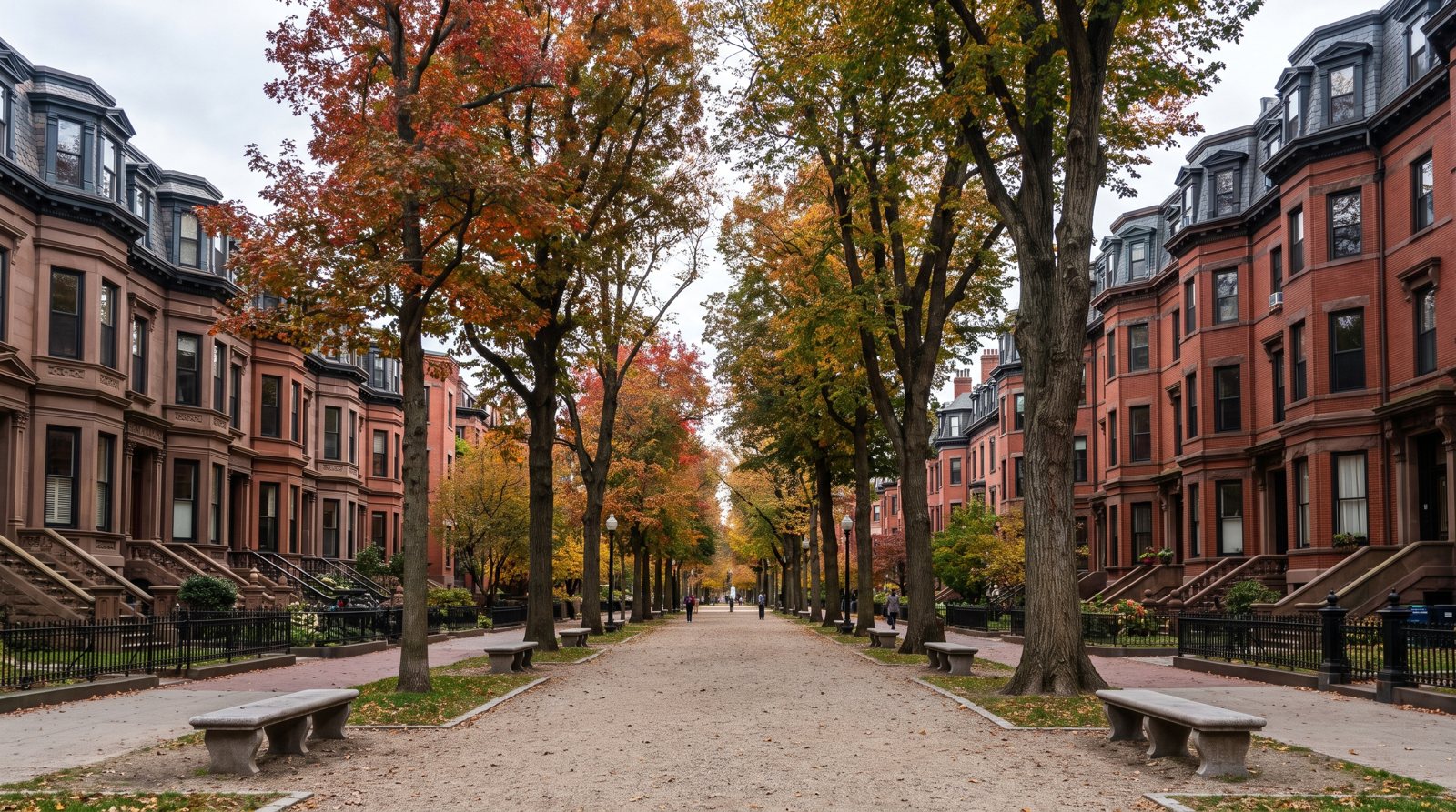The Commonwealth Avenue Mall with brownstones beyond