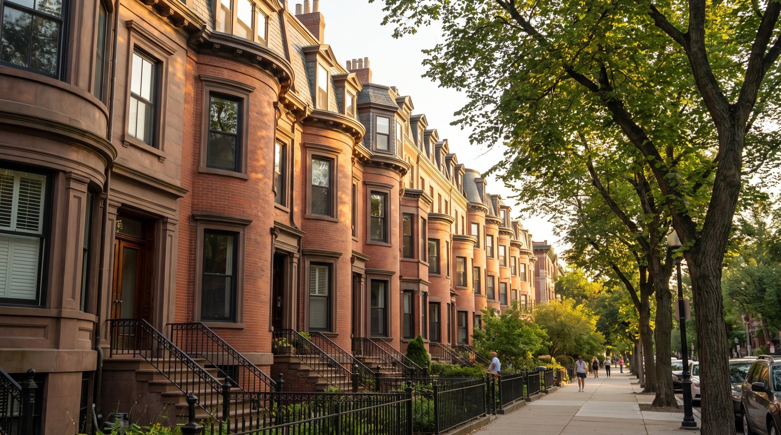 A row of Back Bay brownstones on a tree-lined street