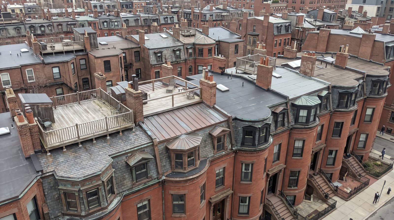 Back Bay rooftops and bay windows from above