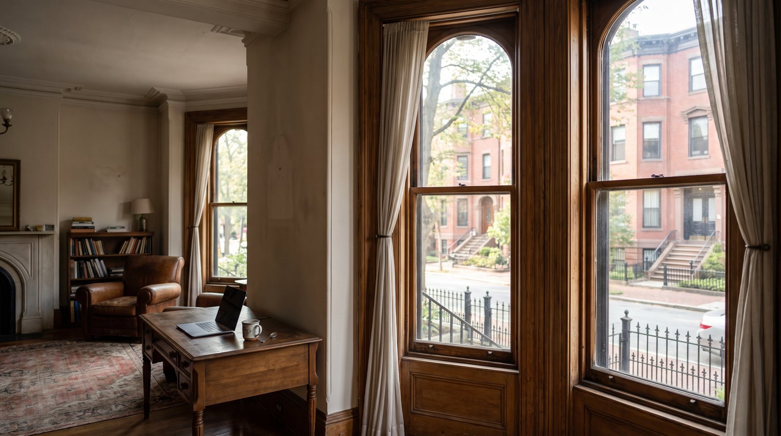 A brownstone parlor floor with bay windows