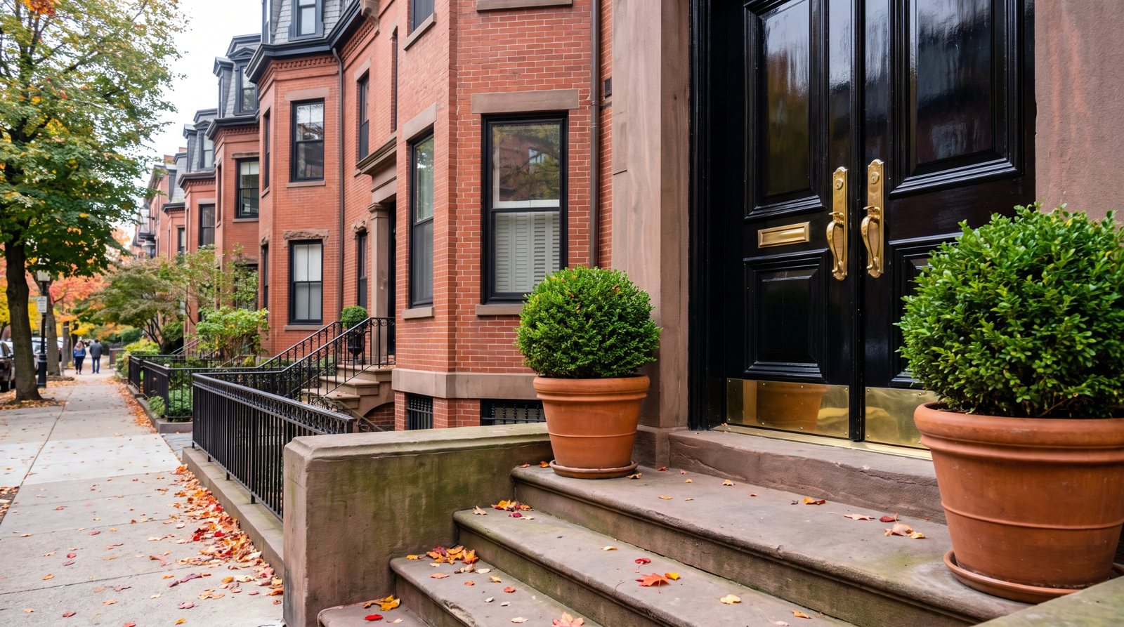 The front stoop and door of a Back Bay brownstone