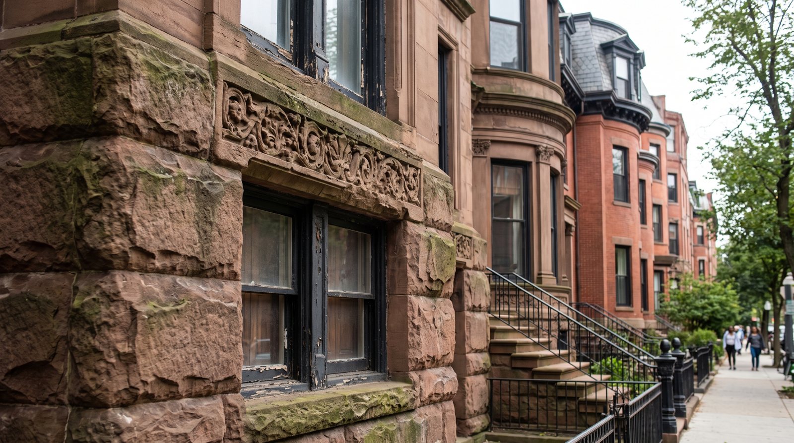 Detail of brownstone sandstone carving on a Back Bay facade